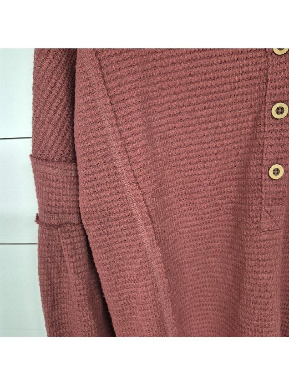 Waffle Knit Burgundy Hoodie With Button Detail & Front Pocket Long Balloon Sleev - Picture 5 of 9